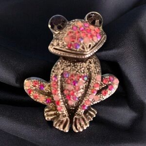 Sparkling Frog Brooch with Pink and Red Crystals